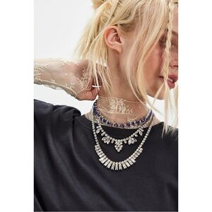 Free People Sparkling Statement Cass Layered Necklace Sapphire Blue & Silver NWT